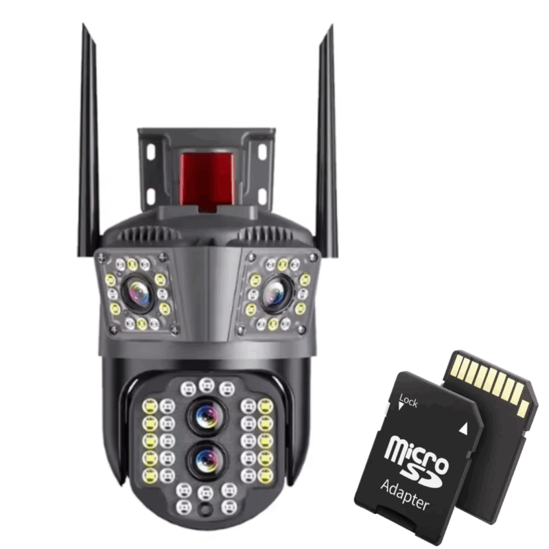 Pachet! Camera de Supraveghere Tripla WIFI, 12MP, Ultra HD, 5X zoom, Rotire, Leduri, Lumina, Comunicare Bidirectionala, Alarma, Senzor Miscare si Card memorie 32 GB