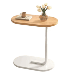 Masuta laterala ovala pentru living, portabila si durabila, 45x28x60 cm, culoare alb cu stejar