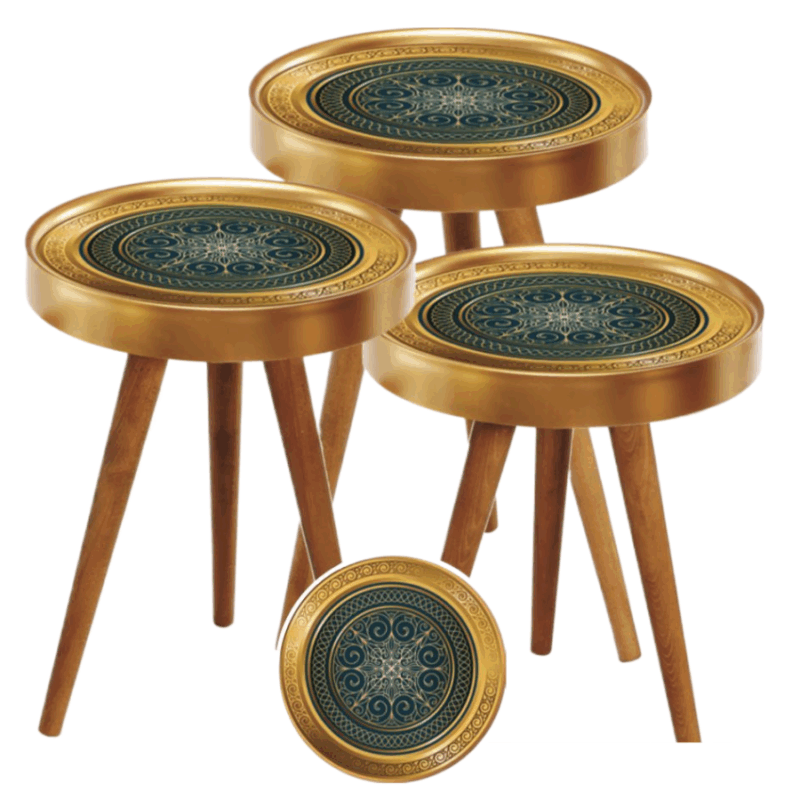 Set 3 Masute Cafea Marimi Diferite cu Blat Mandala Auriu cu Verde oriental si Picioare din Lemn – Design Elegant si Luxos