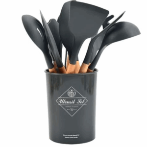 Set Premium 12 Ustensile Bucatarie Silicon + Bambus cu Suport - Rezistente 230°C