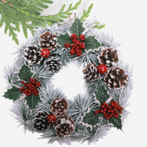 Coronita decorativa pentru Craciun, zapada artificiala, ornata cu conuri de brad, frunze verzi si vasc, 30 cm