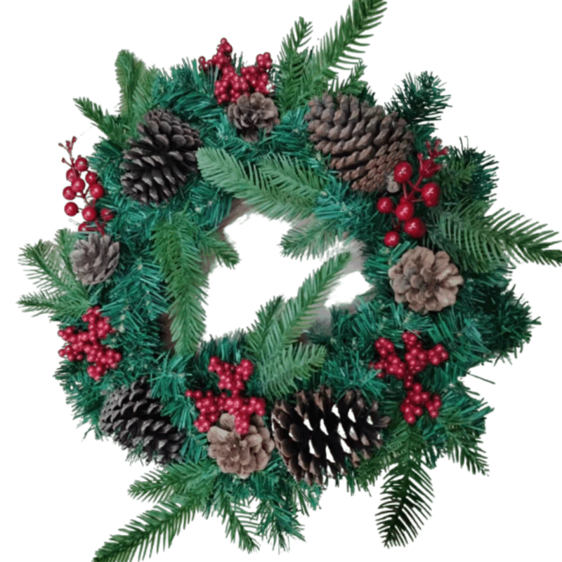Coronita decorativa artificiala pentru Craciun, cu conuri de brad si merisoare, 40 cm