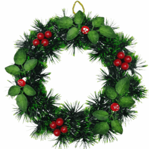 Coronita decorativa pentru Craciun, ornata cu conuri de brad, frunze verzi si merisoare, 25 cm