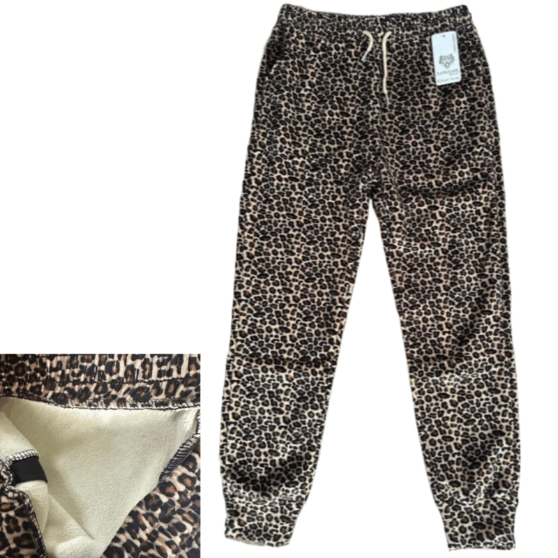 Pantaloni dama imblaniti cu imprimeu leopard model casual, talie elastica, captusiti cu blanita fina alba, caldurosi si confortabili, marimi mari