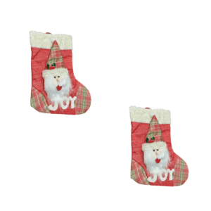 Set 2 Sosete de Craciun cu Figurina 3D Mos Craciun, Decoratiuni Festive pentru Brad si Semineu, Design Rosu in Carouri, Manseta Pufoasa