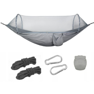 Hamac dublu din material parasuta 150 x 200 cm, cu plasa de tantari, buzunar pentru accesorii si geanta transport, gri