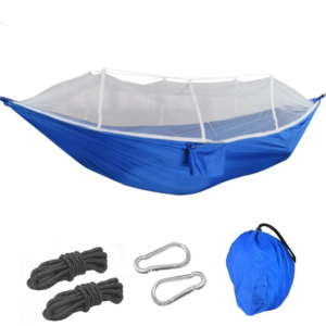 Hamac dublu din material parasuta 150 x 200 cm, cu plasa de tantari, buzunar pentru accesorii si geanta transport, bleu