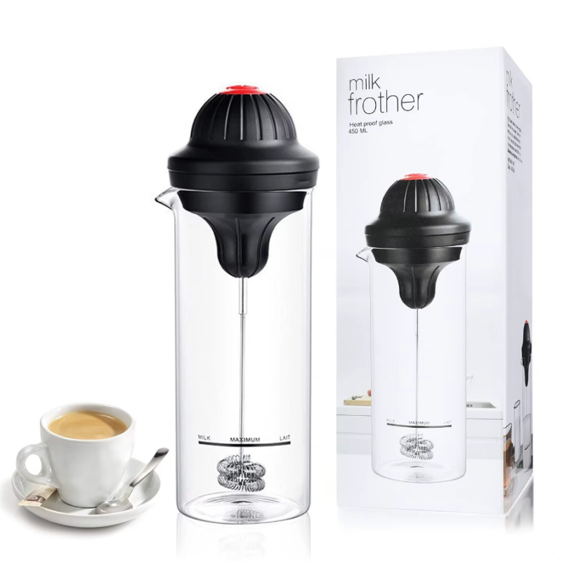Aparat Electric pentru Spumarea Laptelui 450ml, cu Pahar din Sticla Rezistenta la Caldura, Spuma Densa si Uniforma, Ideal pentru Cappuccino, Latte si Cafea