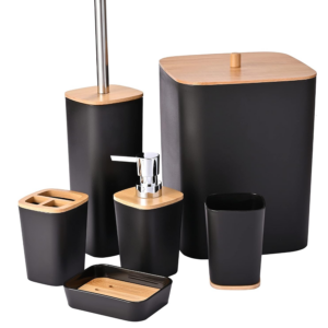 Set Accesorii Baie 6 Piese din Bambus - Cos cu Capac, Perie Toaleta, Dozator Sapun, Suport Periute, Savoniera - Design Modern Alb si Negru