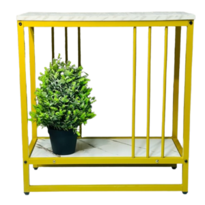 Masa Laterala Moderna cu Blat Marmura si Cadru Metalic Galben - 2 Rafturi Functionale pentru Living si Dormitor