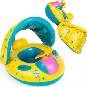 Barcuta gonflabila pentru copii, cu volan si parasolar, multicolor