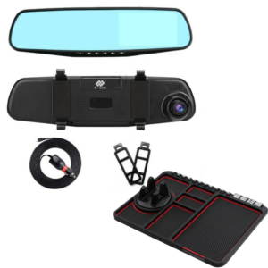 Pachet Oglinda Retrovizoare cu Camera Video Full HD 1080p - DVR Auto cu Senzor de Miscare + Suport Auto Multifunctional 4-in-1 cu Card Parcare - Organizator Bord