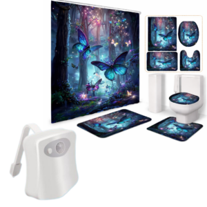 Pachet Set Baie Complet 4 Piese - Perdea Dus + Covorase + Husa WC + Lampa LED pentru toaleta cu senzor de miscare, 8 culori