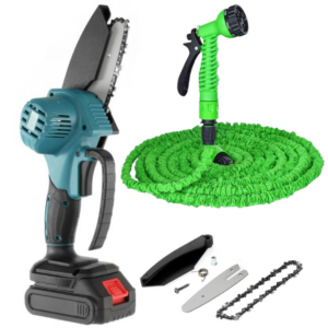 Pachet Mini Drujba Electrica 8inch cu 2 Acumulatori 24V Portabila si silentioasa + Furtun Extensibil Gradina 15m cu  Aparat de Stropit inclus