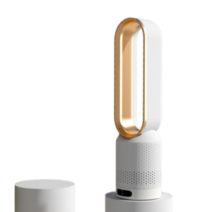 Ventilator 2 in 1 cu Purificare Aer si Oscilatie 90°, Fara Pale, Alb/Auriu, Racire Eficienta si Functionare Silentioasa