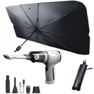 Pachet Parasolar pliabil tip umbrela pentru parbrizul masinii + Aspirator Portabil 3 in 1 cu Acumulator - Motor 120W, Baterie 4000mAh, USB