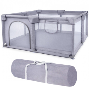 Tarc de Joaca pentru Copii 130 x 130 cm, Pliabil, Usa cu Fermoar, Pereti din Plasa, Buzunar pentru Accesorii, Cadru Metalic Stabil, Gri