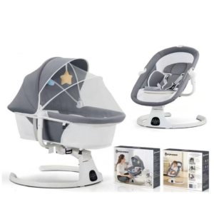 Leagan Electric pentru Bebelusi 2 in 1 – Balansoar, Bluetooth, Telecomanda, 3 Trepte, Muzical, Plasa Insecte si Jucarii, Gri