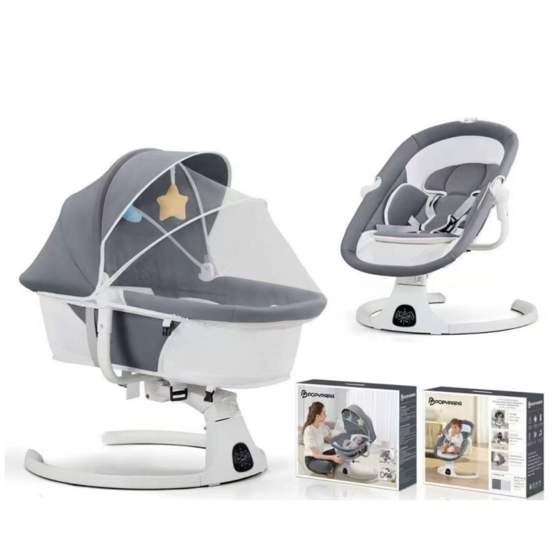 Leagan Electric pentru Bebelusi 2 in 1 – Balansoar, Bluetooth, Telecomanda, 3 Trepte, Muzical, Plasa Insecte si Jucarii, Gri