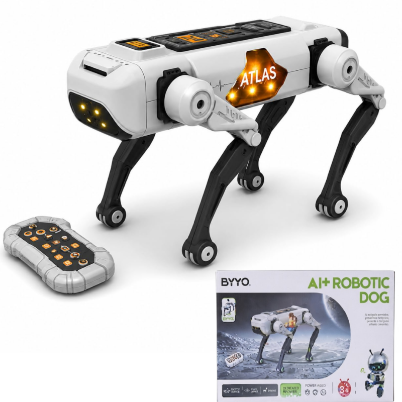 Caine Robot Inteligent AI+ Atlas cu Control Vocal, Telecomanda, Miscari Bionice, Lumini LED si Muzica