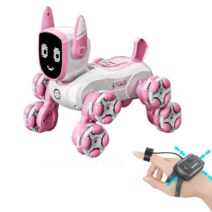 Caine Robot Inteligent Stunt Dog, 8WD cu Roti Mecanum Omni-directionale, Control prin Telecomanda si Gestica, Rotire 360°, Lumini LED si Efecte Sonore