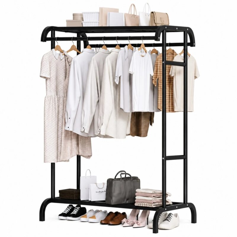 Organizator suport haine metalic cu rafturi, depozitare haine si pantofi, 149 x 109 x 50,5 cm negru