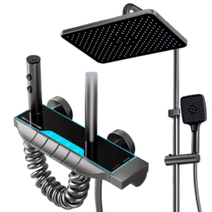 Sistem de Dus Smart 4-in-1 cu Afisaj LED Temperatura, Control Termostatic, Cap Ploaie, Para Dus 3 Moduri, Cascada, Bideu Extern si Rotatie 360