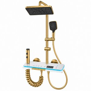 Sistem de Dus Smart Termostatic Auriu cu Afisaj LED Temperatura, Taste Pian, Dus Tip Ploaie, Para Dus