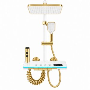 Sistem de Dus Multifunctional Alb-Auriu cu Display LED Temperatura, 4 Functii, Dus Tip Ploaie, Cascada, Para Dus si Jet Curatare