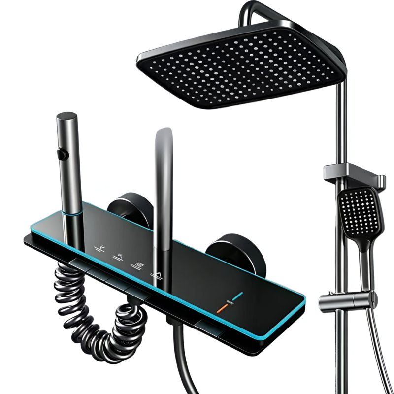 Sistem de Dus Smart Termostatic cu Afisaj Digital, Taste Piano, Dus Soft Rain si Cascada Ascunsa, Design Modern pentru Baie
