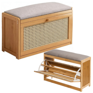 Bancheta cu Pantofar 2-in-1 din Bambus, 2 Rafturi, Sezut Confortabil Tapitat, Usa Tip Rattan, Design Natural, 70 x 24 x 46 cm