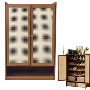 Dulap Pantofar cu Usi Tip Rattan, 6 Niveluri de Depozitare, Design Aerisit, Spatiu Deschis Inferior, 94 x 32 x 60 cm