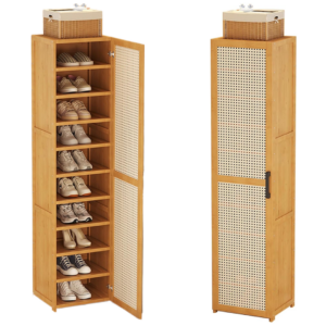 Dulap Pantofar Vertical Ingust din Bambus cu Usa Tip Rattan, Design Slim, Rafturi Multiple, Economisire Spatiu, 30 x 33 x 160 cm
