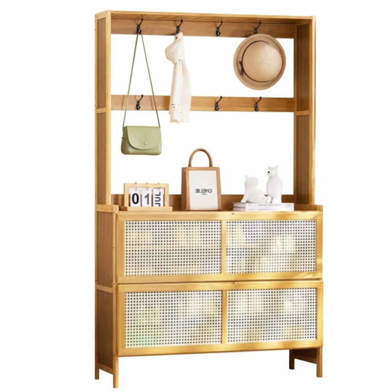 Dulap Pantofar din Bambus 3-in-1, cu 2 Compartimente si Spatii de Depozitare, 70 x 31 x 168 cm, Organizare eficienta