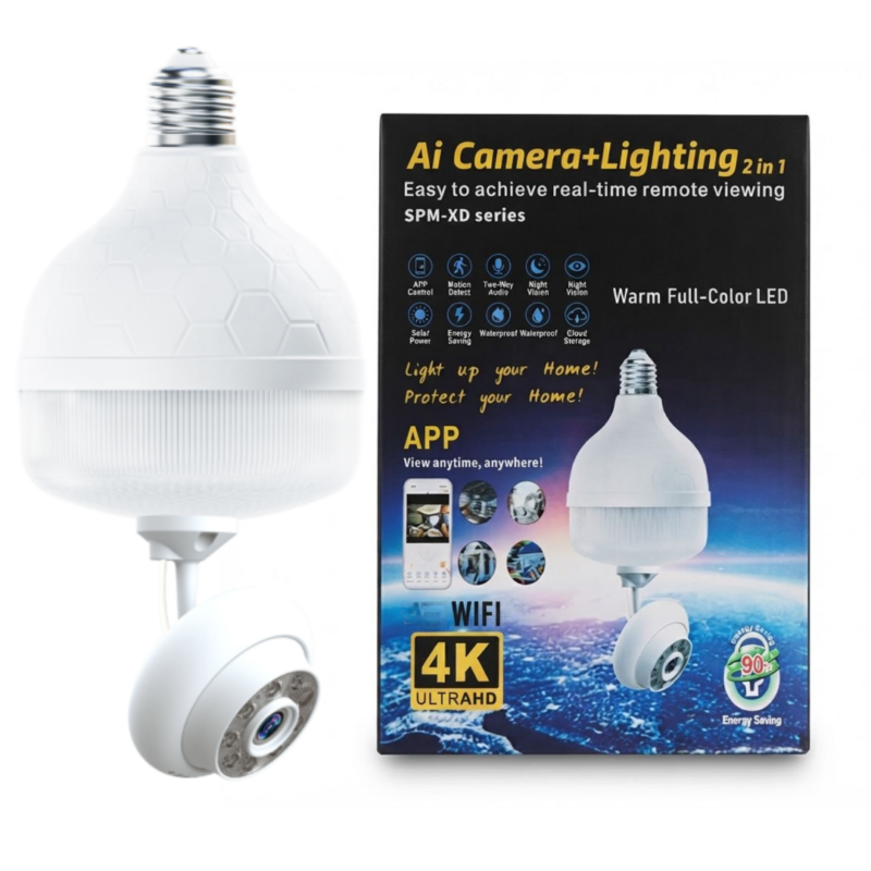 Camera de Supraveghere Inteligenta 2-in-1 tip Bec LED, 4K Ultra HD / 3MP, Rotatie Pan-Tilt 360°, Detectare Umana AI si Conectivitate Wi-Fi
