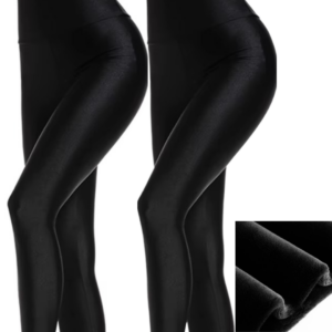 Pachet 1+1 Colanti Dama Imblaniti Negri cu Talie Inalta - Aspect Lucios, Captuseala Pufoasa, Termo-elastici pentru Iarna