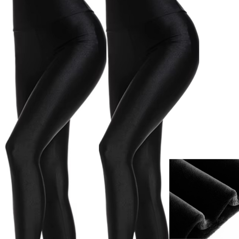 Pachet 1+1 Colanti Dama Imblaniti Negri cu Talie Inalta - Aspect Lucios, Captuseala Pufoasa, Termo-elastici pentru Iarna