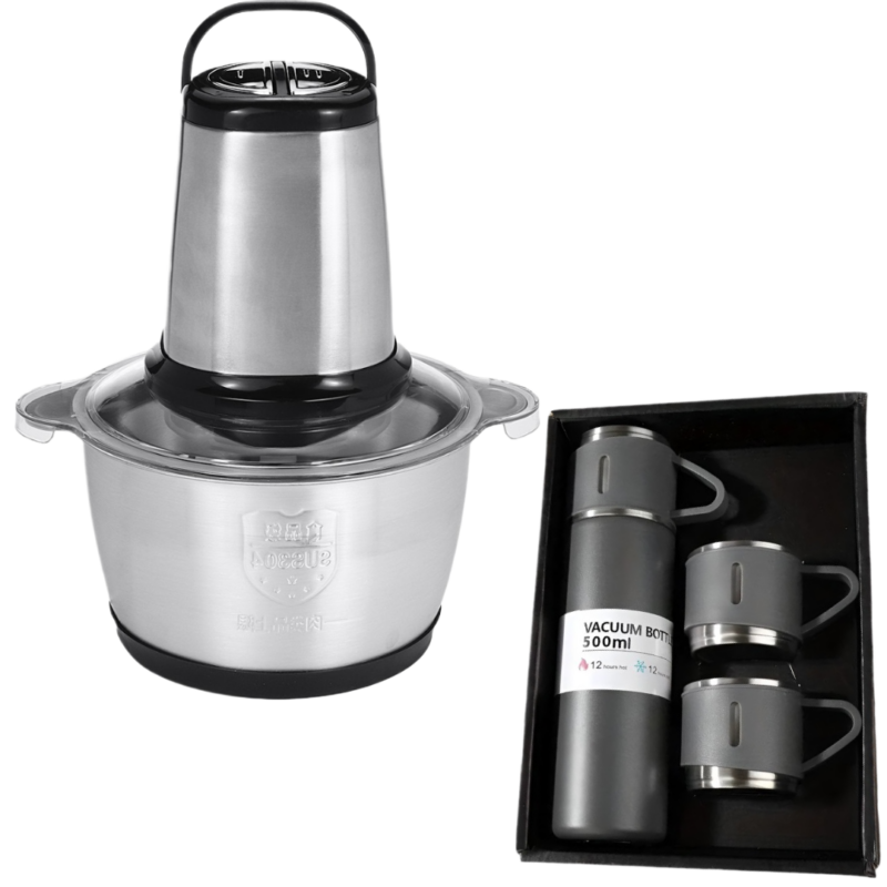Pachet Cadou: Tocator Electric Multifunctional cu 4 Lame Inox + Set Termos 500ml cu 2 Cani Perete Dublu Vacuum