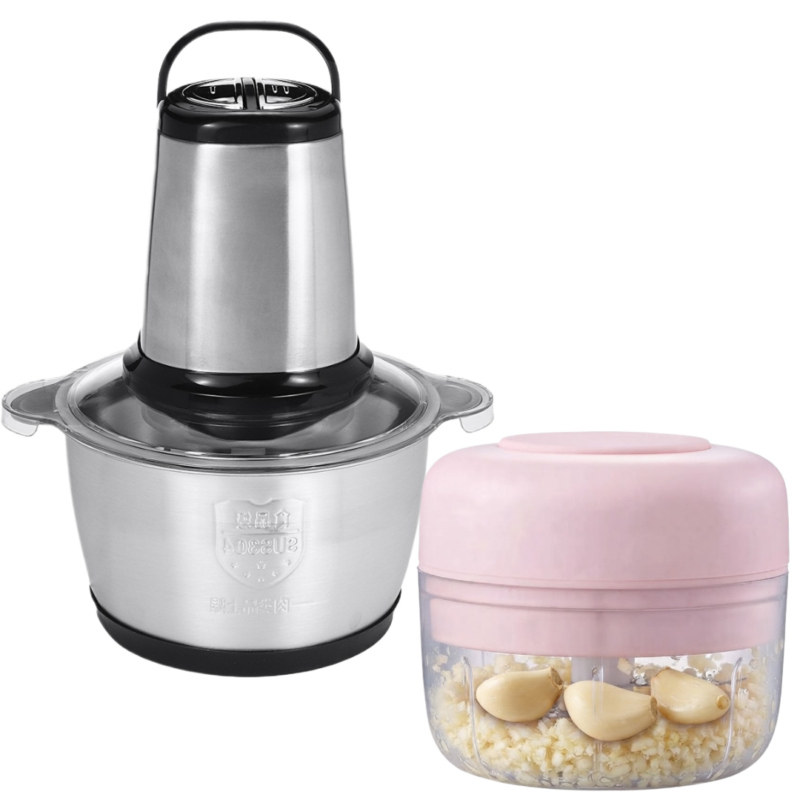 Pachet Tocator Electric Universal cu 4 Lame Inox + Mini Chopper Electric - Maruntitor Multifunctional pentru Legume, Carne, Usturoi si Nuci