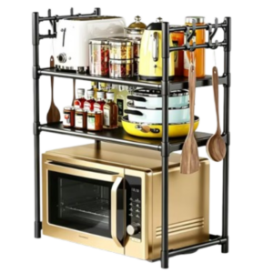 Raft Multifunctional pentru Bucatarie cu 3 Niveluri, Suport pentru Microunde, Vase si Condimente, 59.5 x 33 x 72 cm, Negru, cu Carlige pentru Ustensile