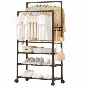 Organizator Haine Dublu cu Roti, 188 x 33 x 56 cm – Suport Metalic cu 2 Bare pentru Umerase si Agatatori Posete