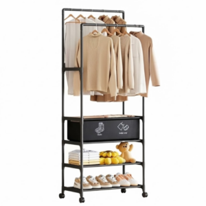 Suport Haine Multifunctional cu Roti, 2 Bare pentru Umerase, Rafturi Multiple si Cutie Depozitare, Organizator Garderoba pentru Haine si Incaltaminte, Design Stabil