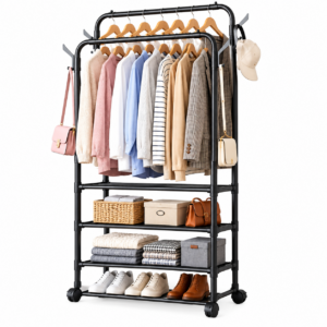 Suport Dublu pentru Haine cu 2 Bare la Inaltimi Diferite, 3 Rafturi, Roti si Carlige Laterale, Organizator Garderoba, Negru, 162x60x34 cm