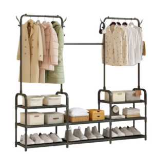 Dressing Deschis Modular, Suport Dublu pentru Umerase, 8 Rafturi pentru Incaltaminte si Depozitare, Agatatori Laterale pentru Accesorii, Negru