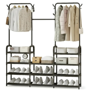 Dressing Deschis Modular, Suport Dublu pentru Umerase, 11 Rafturi pentru Incaltaminte si Depozitare, Agatatori Laterale pentru Accesorii, Negru