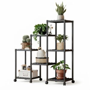 Suport pentru Plante cu 7 Niveluri si Roti, Raft Multifunctional Tip Scara pentru Ghivece, Carti si Decoratiuni, Negru 99 cm