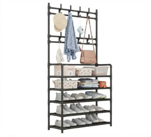 Cuier Multifunctional pentru Haine si Pantofi, 8 Agatatori, 5 Rafturi, Organizator Vertical, 171 x 60 x 28 cm, Negru