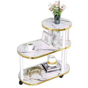 Masuta Mobila Multifunctionala cu 3 Etajere, Blaturi Alb Marmorat cu Margini Aurii, Cadru Metalic Alb, Roti Pivotante, Carucior de Servire