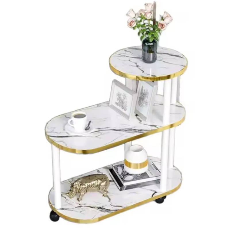 Masuta Mobila Multifunctionala cu 3 Etajere, Blaturi Alb Marmorat cu Margini Aurii, Cadru Metalic Alb, Roti Pivotante, Carucior de Servire