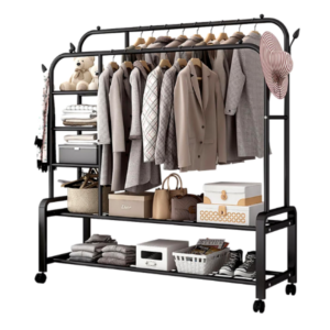 Suport Metalic Dublu pentru Haine cu 2 Bare, 3 Mini-Rafturi, 2 Rafturi pentru Incaltaminte si Roti, Negru, 150 x 162 x 50 cm